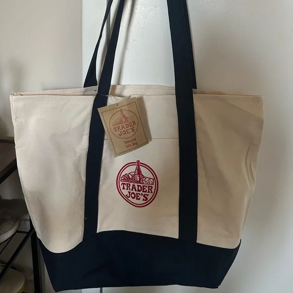 Trader Joe’s Large Blue and White Canvas Tote Bag NWT - Picture 2 of 2